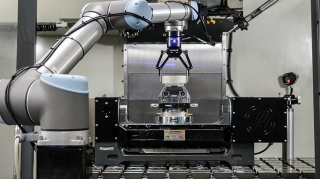 Machine tending application with a Robotiq 2F-140 gripper mounted on a UR cobot