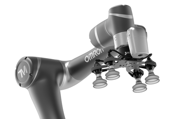 A Robotiq four suction cups AirPick gripper mounted on an OMRON robot arm