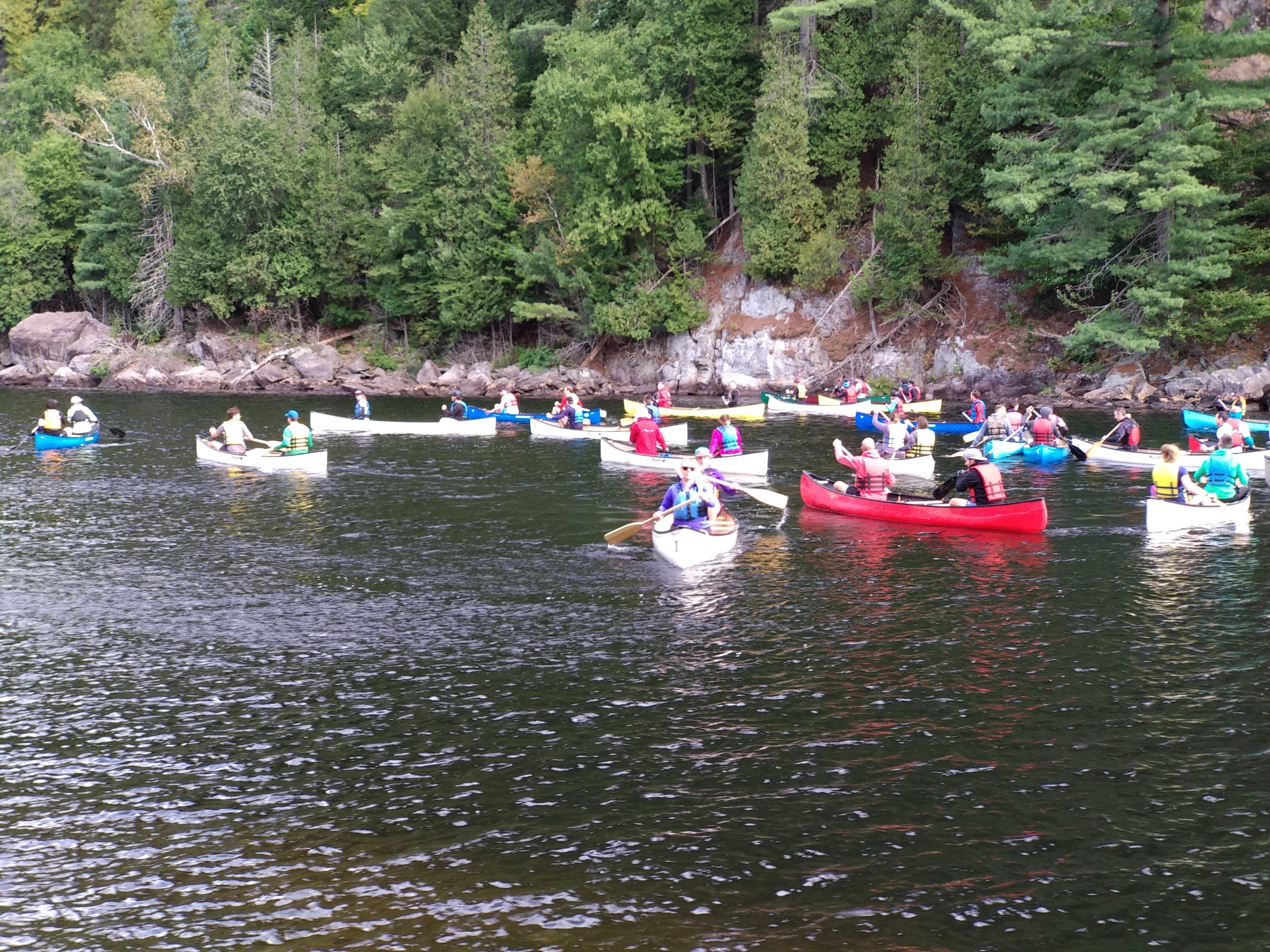 kayaks on river with several participants