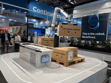 Universal robots UR20 with the Robotiq Palletizing Solution at Automatica in Munich, Germany