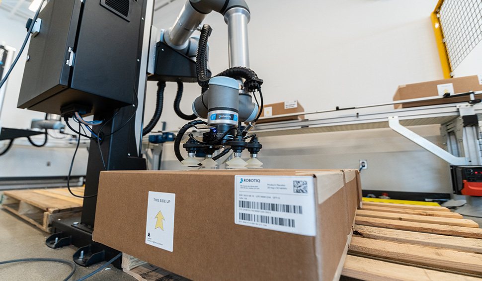 Collaborative robot taking boxes from a conveyor and placing them on a pallet.