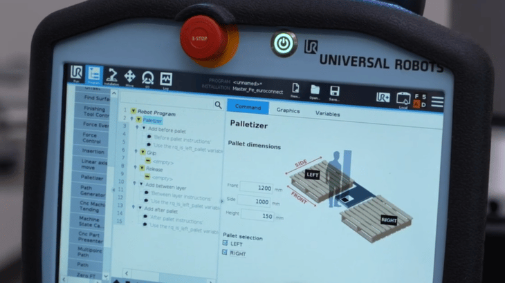 La solución de paletizado URCap de Robotiq en un dispositivo de aprendizaje de Universal Robot