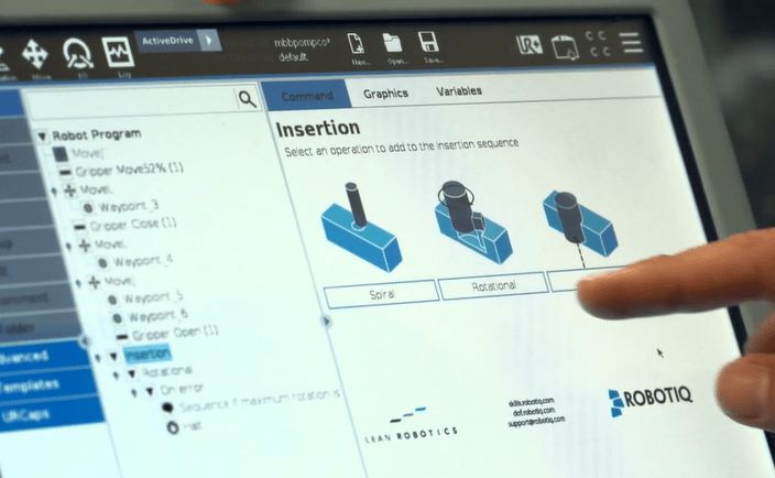 Robotiq Force Copilot insertion node on a Universal Robot teach pendant