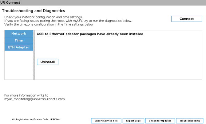URConnect URCap Troubleshooting menu showing the ETH Adapter uninstall option