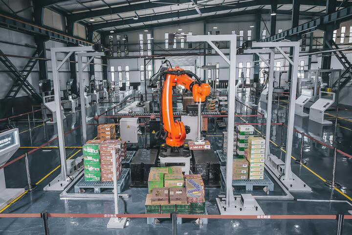 Robot industrial utilizado en una fábrica para paletizar cajas.